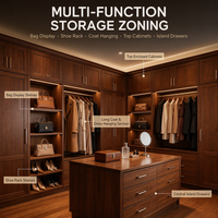 Dressing modulaire de luxe sur mesure en noyer avec îlot central, commode et présentoir à sacs