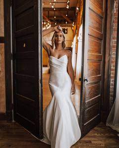 Mily nupcial MW129 Sexy Satén de alta calidad fuera del hombro vestido de novia cariño drapeado sirena con cordones en la espalda vestido de novia - Product Image 5