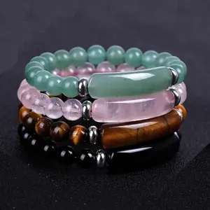 Terlaris Baru Hitam Agate Manik-manik Gelang Batu Alam Kreatif Pink Kristal Elastis Gelang untuk Wanita