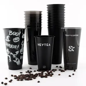 High-Quality Custom Printed Logo Coffee Boba Cups With Lids And Straws Vasos Plastic 16oz 32oz 1l Black Plastic Cup