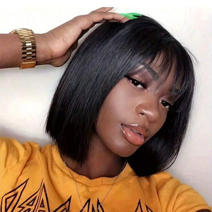 วิกผมบ๊อบสั้นตรงพร้อมหน้าม้า 12-18 นิ้ว ผมบราซิลแท้ เรมี่ เวอร์จิ้น แฮร์ วิกผมแบบไล่ชั้น สีดำ สำหรับผู้หญิง - Product Image 1