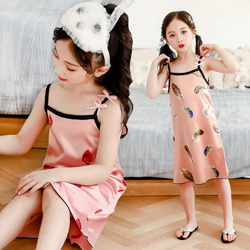 Pijama de princesa para meninas, novo pijama impresso de verão para crianças, vestido de seda para meninas