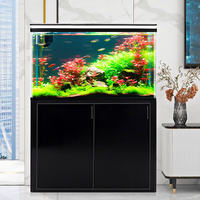 Aquarium rectangulaire intelligent en verre, moderne, de taille moyenne, avec filtre inférieur, séparation sec-humide, sur pied, pour usage domestique, pour grands poissons.