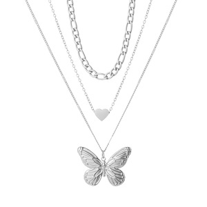 Collar <span class=keywords><strong>de</strong></span> Tres Capas con Colgante <span class=keywords><strong>de</strong></span> Corazón y <span class=keywords><strong>Mariposa</strong></span>, Estilo Europeo Americano, Unisex, Acero Inoxidable Pulido - Product Image 5
