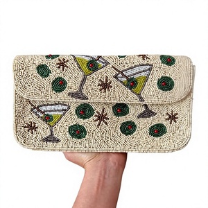 Pochette perlée faite à la main, style moderne de luxe, sac de rangement en verre, 100% coton, motif trèfle vert, design Martini 3L+ - Product Image 1