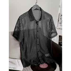 Camisa de <span class=keywords><strong>Hombre</strong></span> Moderna con Cuello y Diseño Calado, Manga Corta, Color Sólido, Transpirable, 100% Poliéster, Venta Directa de Fábrica - Product Image 3