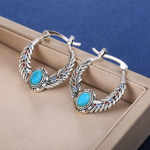 Boucles d'oreilles Bohème en Plumes, Argent 925, Turquoise Sertie, Bijoux Quotidiens pour Femme - Product Image 3