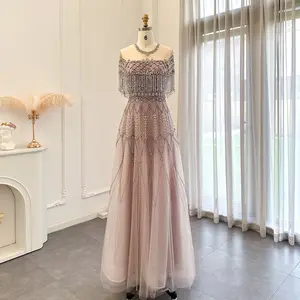 Scz030-2 Luxury Tassel Heavy Beaded Arabic Evening Dresses For Women Wedding Party Elegant Long Formal Gowns In Stock