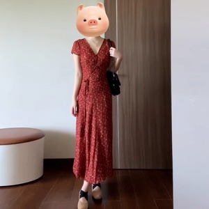 French Retro Red Floral Dress Women Summer V <b>Neck</b> <b>Tie</b> Waist Slim Fit Long Skirt Casual Daily Wear - Product Image 4