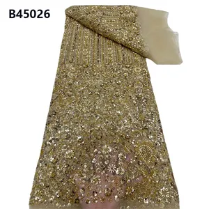 新款金色亮片串珠蕾丝刺绣闪光网眼蕾丝晚礼服材料