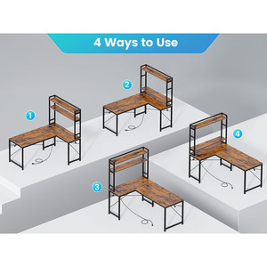 <span class=keywords><strong>Bureau</strong></span> de jeu en forme de L pour la maison et le <span class=keywords><strong>bureau</strong></span> Lumières LED Prise de courant Étagères de rangement Crochets Marron rustique pour les petits espaces - Product Image 4