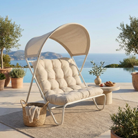 Chaise longue d'extérieur à deux places avec auvent, structure en acier, revêtement en poudre, coussin en coton PP, tissu en maille, lit de jardin pour patio