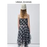 Robe midi en mousseline de soie à carreaux noirs et blancs VEGA CHANG pour femmes, avec col en V et ourlet asymétrique, robe décontractée en mousseline de soie, vente en gros