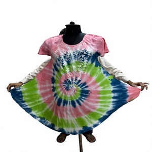 Tie Dye <b>Boho</b> Mini <b>Dress</b> Women Short Sleeve Straight Flared Hem PU <b>Summer</b> Casual V-neck Loose Fit - Product Image 1