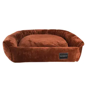 Wholesale Manufacturer Soft Luxury Square Brown Plush Pet Cushion Cat Dog Bed Pet Furniture