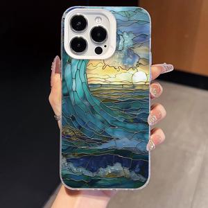 Funda para Teléfono con Diseño de Ola Oceánica y Atardecer en Vidrio Tintado para <span class=keywords><strong>iPhone</strong></span> 16/15/14/13/<span class=keywords><strong>12</strong></span> <span class=keywords><strong>Pro</strong></span> <span class=keywords><strong>Max</strong></span>, Carcasa Transparente Antigolpes con Degradado de Playa y Estilo Boho - Product Image 1