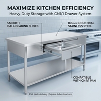 Mesa de Trabajo de Acero Inoxidable con Cajón, Mesa de Preparación para Cocina Comercial, Bandeja GN, Rieles con Rodamientos de Bolas, Patas Ajustables