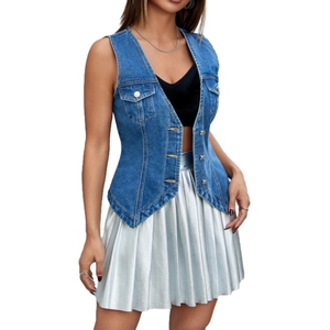 Chaleco vaquero corto de moda para mujer, nuevo, con cuello en V, sin mangas y abotonado al por mayor - Product Image 2