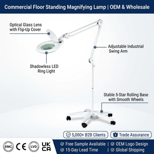 แว่นขยายแบบตั้งพื้นพร้อมล้อเลื่อน 5X Diopter สำหรับงานพาณิชย์  พร้อมโคมไฟ LED แบบแขนปรับได้ เหมาะสำหรับร้านเสริมสวยและดูแลผิว - Product Image 1