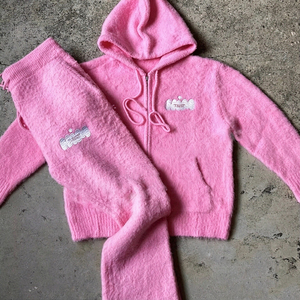 Knitted Mohair Flared Sweatpants Tracksuit Sweatsuits Unisex Set Custom Logo Mohair Zip up Hoodie and <b>Jogger</b> Mohair Set - Product Image 1