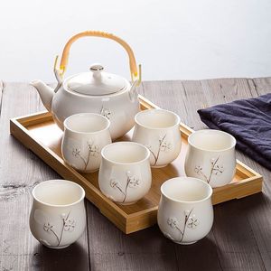 Japanese Tea <b>Set</b> Plum Blossom Embossed <b>Teapot</b> and Cups White Ceramic Tea <b>Set</b> with Tray - Product Image 6