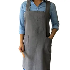 Natural linen color no-tie cross over Japanese style pinafore apron, with two pockets