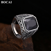 Bague BOCAI S925 en argent sterling pour homme, motif goutte d'eau rétro, zircon noir, charme romantique en forme de plan tangent, bijoux en argent