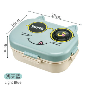 Children's Lunchbox Cartoon Cat Design Double Layer Compartments With Sauce Cup <b>Microwave</b> Safe Rectangle Shape - Product Image 5