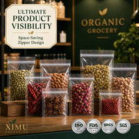 Sachet plat en plastique transparent Ximu, scellé sur 3 côtés, refermable avec fermeture éclair, pour aliments, vente en gros, direct usine, marché mondial