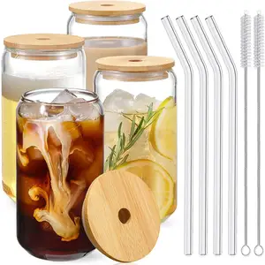 16 OZ borosilikat şekilli buzlu şeffaf içecek bardakları buzlu kahve fincanı bambu kapaklı saman