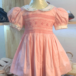 Vêtements fille smockés vêtements pour enfants robe en coton fait main fleur rose pour enfant bébé fille personnalisé en gros - Product Image 2