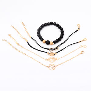 Beaded Bracelets Set Women's Alloy Gold Plated Bohemia Style Flower Heart <b>Map</b> Black Beads Gift Fashion Jewelry 2024 - Product Image 5