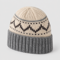 Bonnet tricoté jacquard chaud d'hiver pour femme, motif Fair Isle, bord roulé, style vintage, vente en gros, logo personnalisé