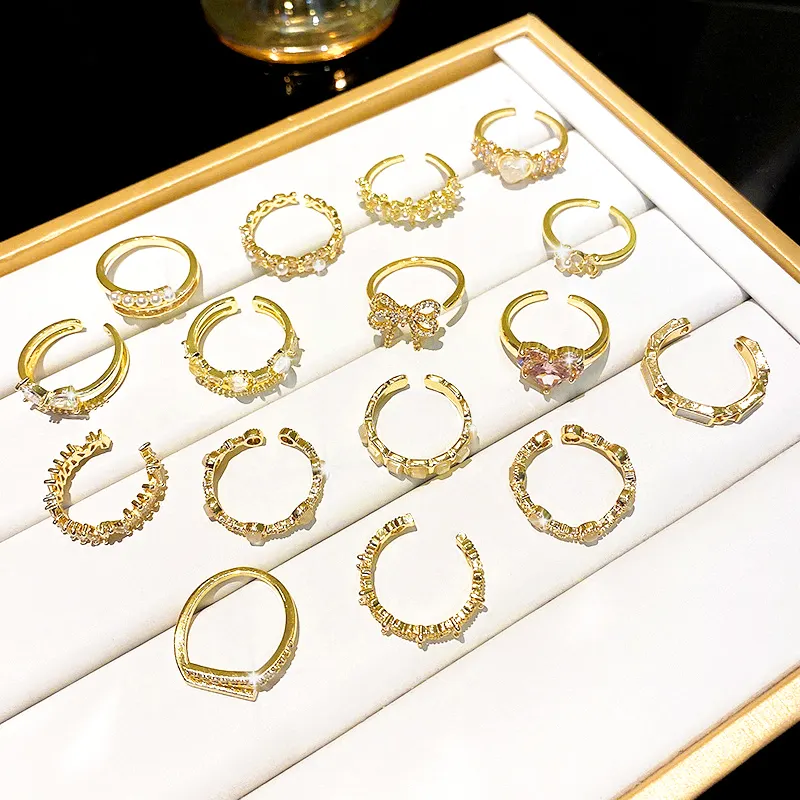 韓国の高級調節可能なパールジルコン指輪女性ファッション光沢のあるオープンCzナックル幾何学的なリング
