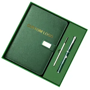 Regali pubblicitari formato A5 copertina verde Set di taccuini e penne personalizzati in ecopelle