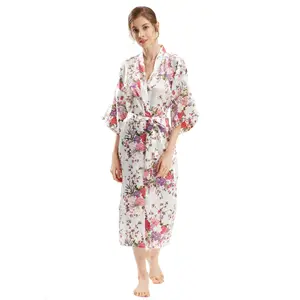 Robe kimono feminino de cetim, estampa longa, flores do adesivo, para casamento