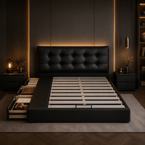 <span class=keywords><strong>Letti</strong></span> Moderni Neri <span class=keywords><strong>Imbottiti</strong></span> con Contenitore, Testiera Trapuntata a Bottoni, Cassetti Laterali, Struttura Letto Matrimoniale/King Size per OEM ODM - Product Image 5