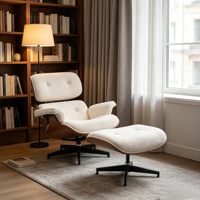 HR-1009-2 Fauteuil de détente moderne en bouclette avec repose-pieds, structure en contreplaqué courbé, base pivotante en aluminium, luxe, pour salon, appartement, maison