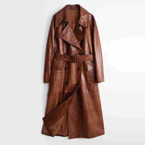 102 New Style Winter Warm Maurade Style Vintage Luxury Cowskin Leather Jacket Turn Down Collar Real Leather Long Coat for Women
