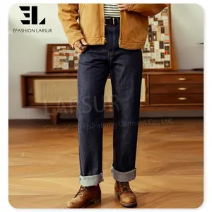 LARSUR Custom denim manufacturer heavyweight raw selvedge denim jeans men button fly straight baggy fit red selvedge denim pants