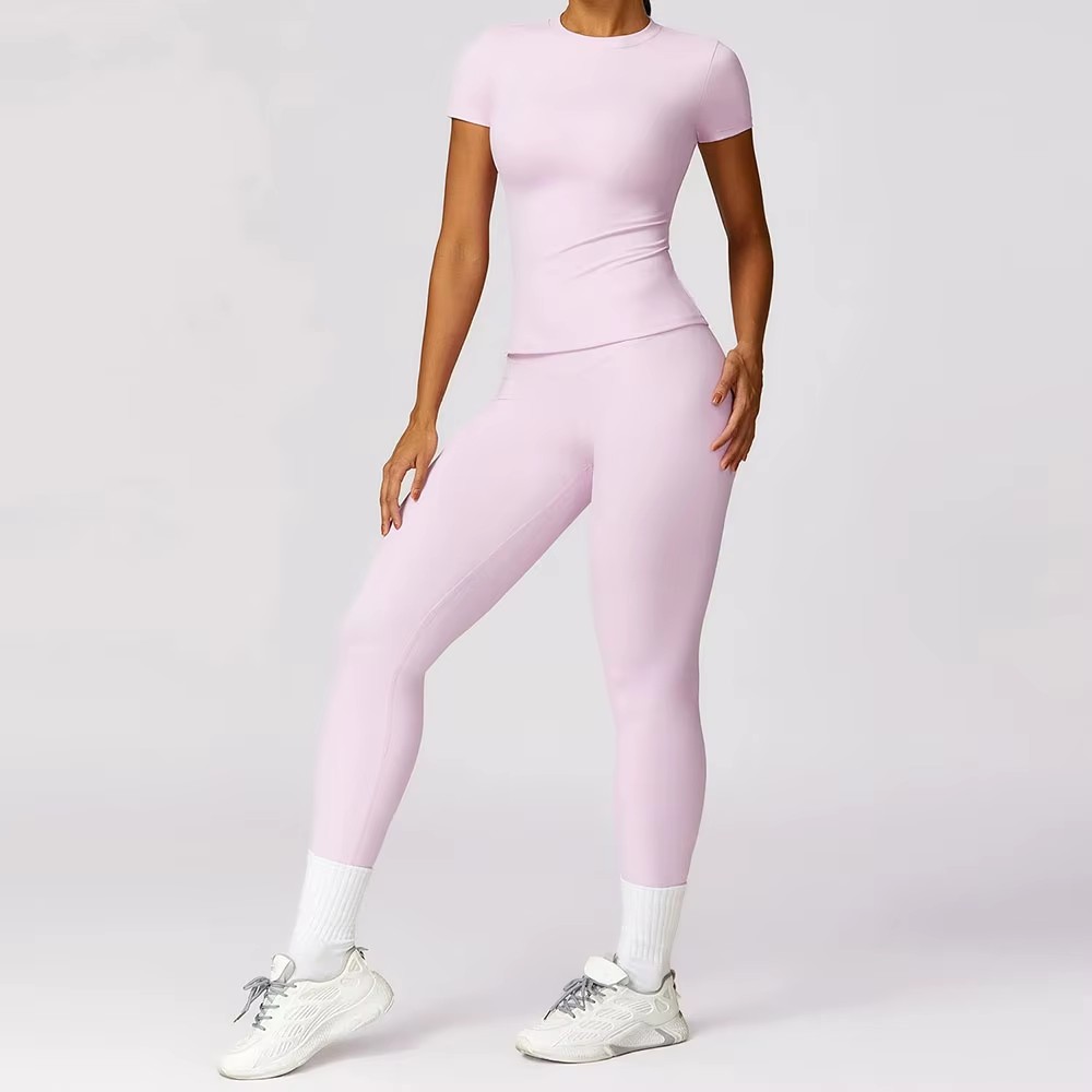 Custom Recycled Sweat-Wicking Short Sleeves Slim Fit Yoga T Shirts Tops Quick Dry Gym Pants Fitness Leggings 2 Piece Yoga Sets