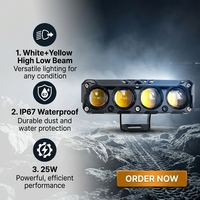 Phare LED pour moto à 4 lentilles, double couleur blanc-jaune, étanche IP67, éclairage auxiliaire LED pour moto, VTT, UTV, camion