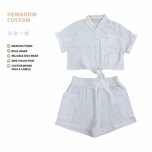 Set di Abbigliamento per Ragazze 100% Cotone, Top con Ricamo Traforato e Orlo Annodato, <span class=keywords><strong>Pantaloncini</strong></span> con Vita Elastica, Fresco ed Elegante per Uso Quotidiano - Product Image 1