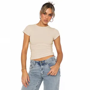 Atasan Crop lengan pendek Y2K wanita, grosir kasual dasar keluar Slim Fit Crew Neck kaus lengan pendek