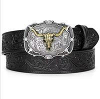 Ceinture de cowboy en cuir PU élégante pour homme, style western vintage, motif de taureau Longhorn en relief, avec boucle en alliage pour jeans et pantalons