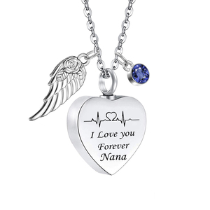 'Te amo para siempre' Corazón Cremación Memorial Cenizas Urna Collar de piedra natal Joyería Alas de Ángel Colgante de recuerdo para Nana - Product Image 1