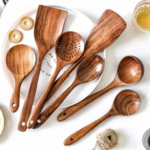Juego de cucharas de cocina de madera de teca de alta calidad de bambú al por mayor de fábrica, juego de utensilios de cocina, juego de utensilios de madera