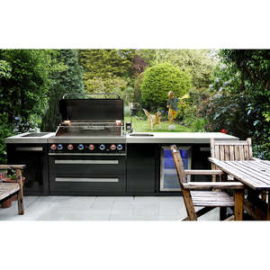 Îlot <span class=keywords><strong>de</strong></span> cuisine extérieur moderne modulaire en acier inoxydable noir personnalisé <span class=keywords><strong>de</strong></span> luxe avec évier, robinet et réfrigérateur - Product Image 6