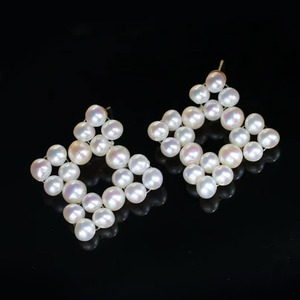 14K Gold Filled Square Cluster Pearl Stud Earrings, Natural Round Freshwater Multi Pearl Handmade Drop Earrings for Women - Product Image 3