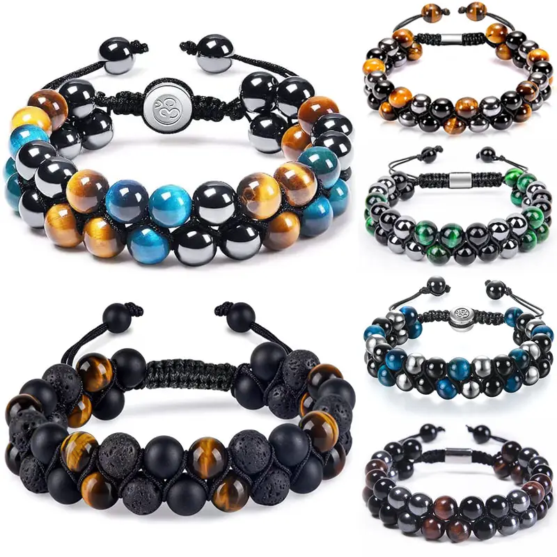 Natural 8Mm Kristal Energi Biru Mata Harimau Hitam Onyx Hematite Beads Gelang Anyaman Ganda untuk Pria